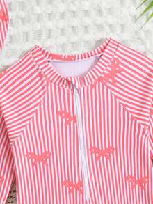 1件婴儿/女婴长袖连体泳衣，带拉链，可爱蝴蝶结和花朵印花，含帽子 - 橘色 - 查看 4