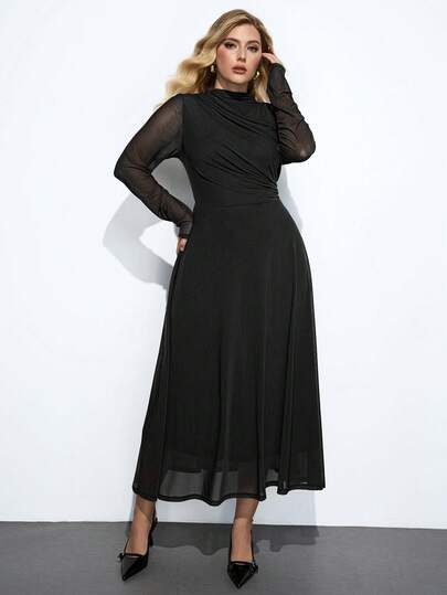 Maija Plus Size Women's Solid Color Fitted Waist A-Line Long Dress, Urban Commute Business Casual Summer Dress, Elegant Dress