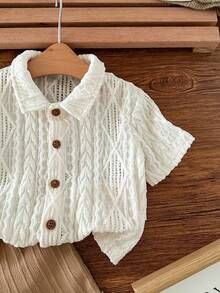 SHEIN Newborn Baby Boy Casual Cute Knitted Apricot Short Sleeve Shirt And Elastic Waist Shorts Set
