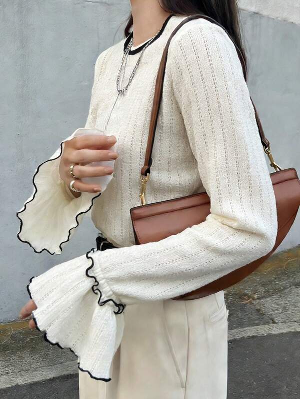 FRIFUL Women's Casual Ruffle Cuff Crew Neck Long Sleeve T-Shirt, Versatile For Commuting And Everyday Wear