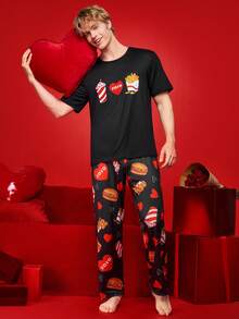 Notgurli Men's Simple Print Round Neck Short Sleeve Top And Pants Pajama Set - Multicolor - View 4