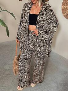 EURMUSE Leopard Print Kimono Lounge Set – Open Front Top & Wide-Leg Pants, Chic Two Pieces Outfit - Multicolor - View 1
