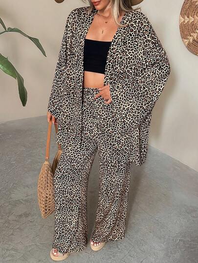 EURMUSE Leopard Print Kimono Lounge Set – Open Front Top & Wide-Leg Pants, Chic Two Pieces Outfit