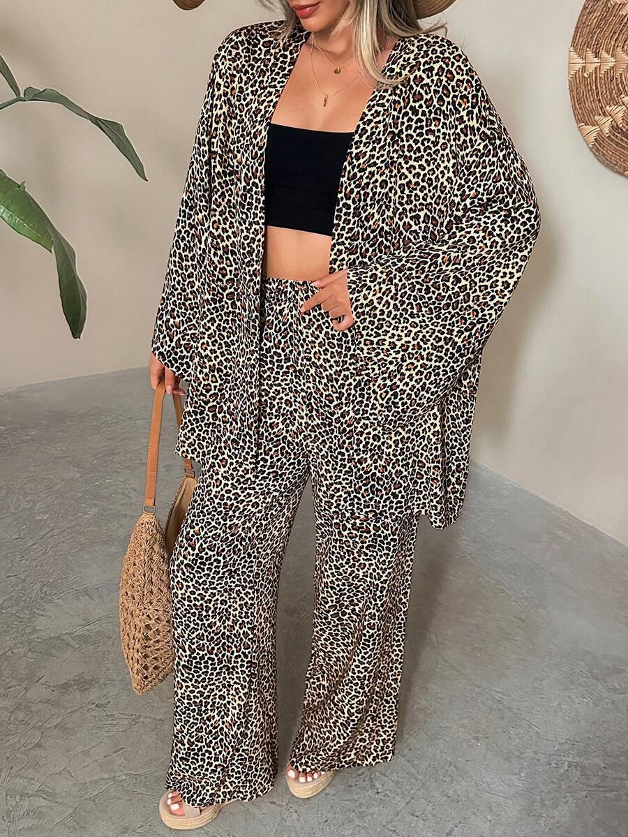 EURMUSE Leopard Print Kimono Lounge Set – Open Front Top & Wide-Leg Pants, Chic Two Pieces Outfit - Multicolor - View 1