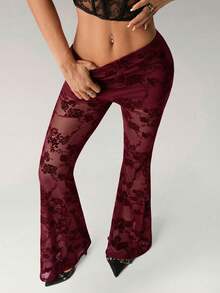 SHEIN ICON 花卉图案性感植绒薄纱喇叭裤 - 酒紅色 - 查看 5