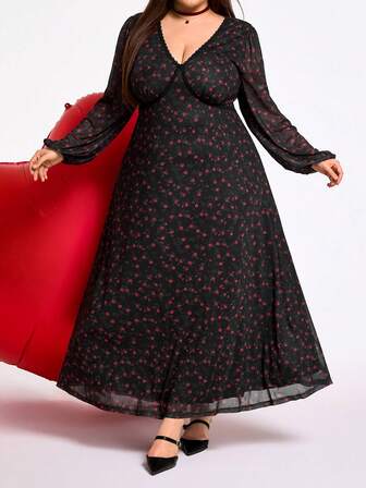 SHEIN CURVE+ 大码印花蕾丝拼接V领长袖连衣裙