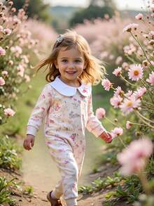 SHEIN Vintaside Kids 1件女婴花卉刺绣领长袖连体衣，兔子印花，可爱休闲连体衣，适合春秋季外出、聚会、圣诞节、新年、情人节等节日穿着。 - 粉色 - 查看 7