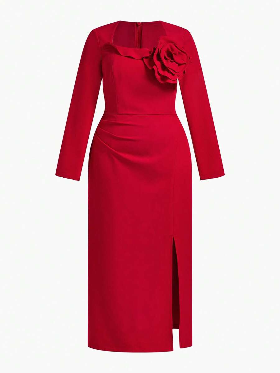 ZEYLAH 花卉刺绣收腰优雅连衣裙 - 紅色 - 查看 1