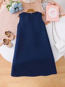 SHEIN Tween Girl Woven Colorblock Round Neck 3D Bow Casual Dress Matching Dresses Blue Knot And White Ruffle Sleeveless Girls, Tween Girl - Multicolor - View 6