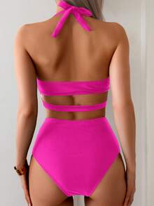 Swim Basics 畅销款挂脖系带比基尼套装，黑色，沙滩度假，海滩泳装，派对装 - 玫紅色 - 查看 2