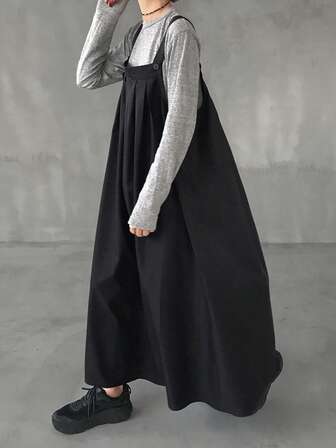 FRIFUL Women's Pleated Solid Color Maxi Pinafore Dress