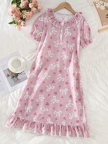 Girls' Bubble Crepe Heart & Bow Print Lapel Cardigan Dress With Ruffle Cuffs, Lightweight & Comfortable Sleepwear, Spring/Summer - Pink - View 3