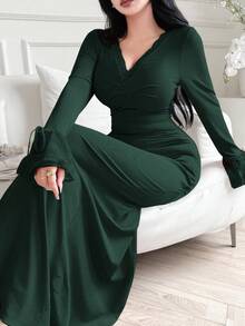 Feyla Women's Solid Color Fitted V-Neck Long Sleeve Dress With Lace Trim  Elegant Dresses For Women Lace Trim At The Neckline And Cuffs; Long-Sleeved, Dark Green Dress That Accentuates The Figure. - Dark Green - View 6