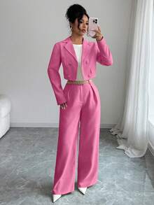 Elenzga 优雅休闲时尚办公通勤返校两件套，方领西装外套搭配宽松直筒裤，秋冬款 - 玫紅色 - 查看 5