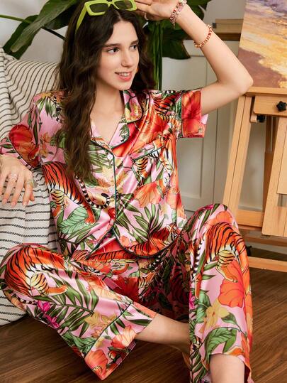 Kaplan ve Hawaii Çiçek Desenli Tatil İçin Rahat Saten Kısa Kollu Pijama Takımı, Kadınlar İçin Yumuşak ve Konforlu Uyku Kıyafeti