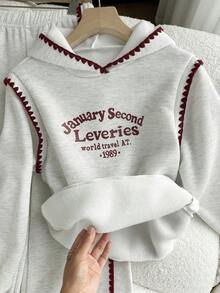SHEIN Set de 2 piezas de sudadera con capucha y pantalón de chándal de corte holgado con estampado en inglés para adolescentes, diseño con ribete de contraste, adecuado para otoño/invierno, uso al aire libre, escuela, viajes, fiestas, ir y venir - Gris - Ver 5