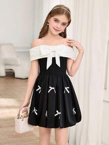 SHEIN 1pc Tween GirlsBlack & White Off-Shoulder Dress With Detachable Big Bow, A-Line Skirt With Butterfly Decor, Fashionable & Personalized, Suitable For Indoor/Outdoor, Party, Daily Wear, Spring/Summer - Multicolor - View 4