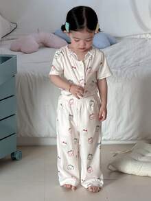 DAZY 2pcs Baby Girls' Lace Patchwork Cartoon Print Long Sleeve T-Shirt And Pants Pajama Set - White - View 5