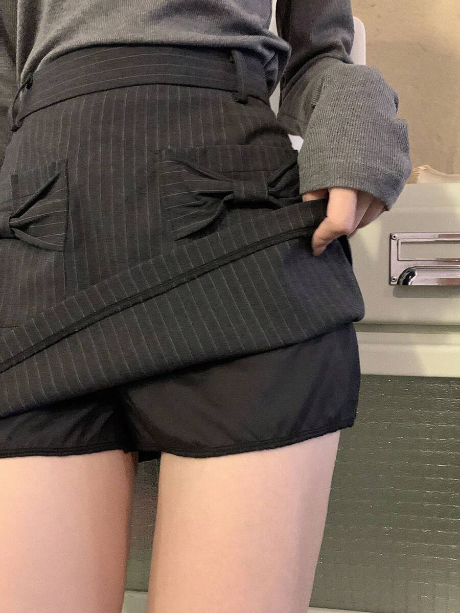 DAZY 女士条纹韩式蝴蝶结腰带休闲A字裙