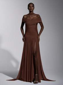 Elitara Elegant Gray Minimalist Off-Shoulder Ruched Asymmetric A-Line High Slit Dress, Suitable For Weddings, Formal Events, Galas, And Cocktail Parties - Brown - View 8