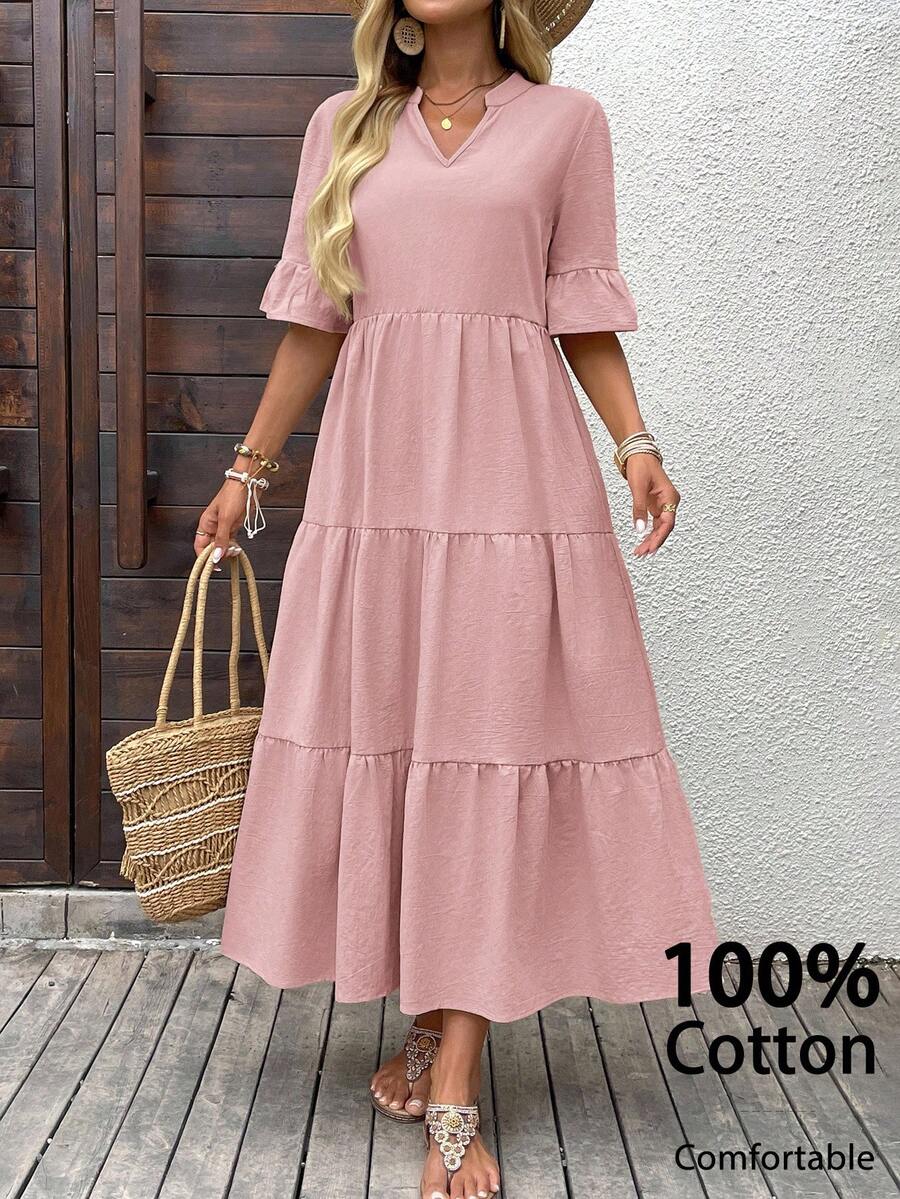 EMERY ROSE 女式纯色V领喇叭袖荷叶边下摆宽松休闲连衣裙 - 粉色 - 查看 1