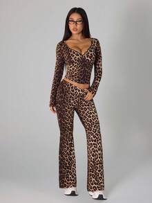 SHEIN PETITE 2 Pieces Women Leopard Print Casual Top And Pants Set Leopard Set - Brown - View 9