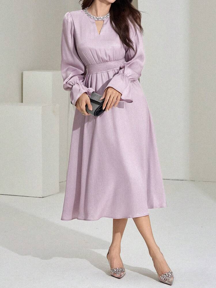 Women's Round Neck Rhinestone Decor Hollow Waist Maxi Elegant Dress Sundress