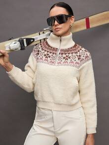 Activina Women's Geometric Jacquard Drop Shoulder Zip-Up Half Placket Sweater