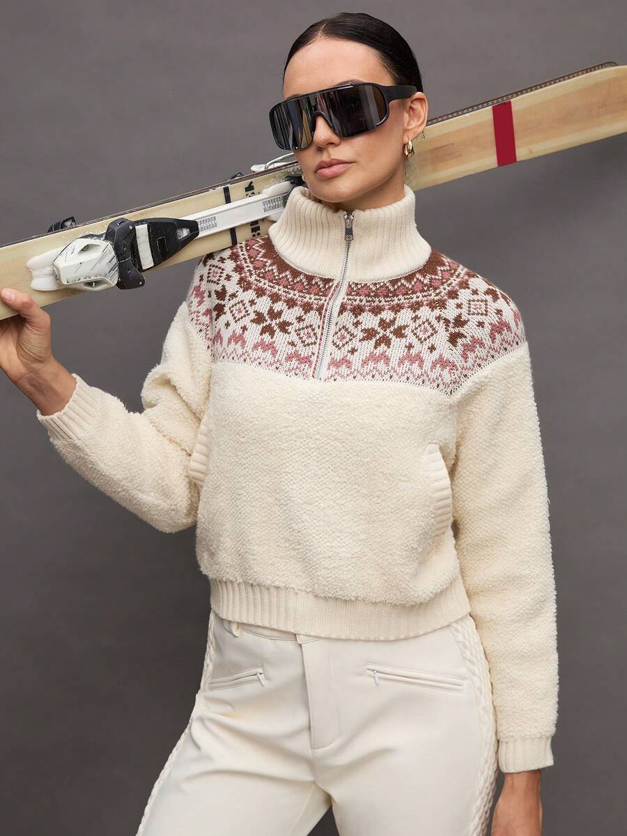 Activina Women's Geometric Jacquard Drop Shoulder Zip-Up Half Placket Sweater