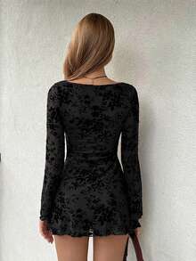 EgrlEra 女士性感紧身植绒网纱系带迷你连衣裙 - 黑色 - 查看 2