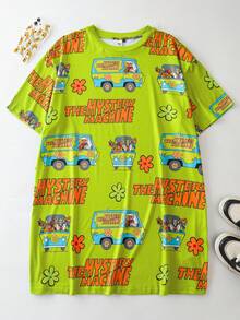 SCOOBY-DOO X SHEIN Plus Size Summer Casual Letter & Car Print Round Neck Short Sleeve Sleep Dress Oversize Sleep Dress - Green - View 1