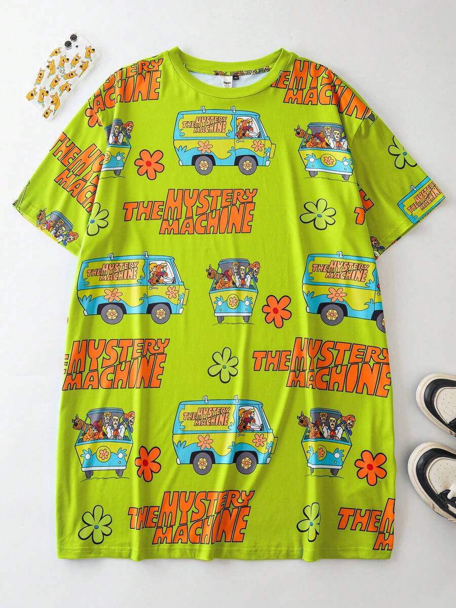 SCOOBY-DOO X SHEIN Plus Size Summer Casual Letter & Car Print Round Neck Short Sleeve Sleep Dress Oversize Sleep Dress - Green - View 1