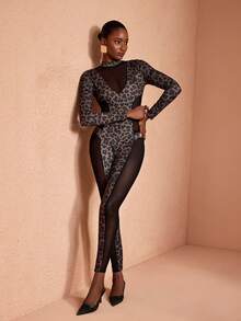 JIAN LASALA Turtleneck Leopard Print Transparent Mesh Block Long Sleeves Sexy Fitted Bodysuit Women Winter - Black - View 4