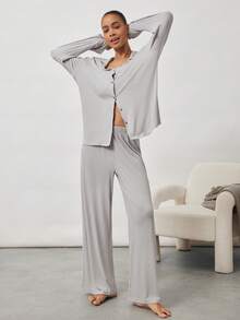 Ocili Set Pakaian Santai Kasual Wanita Lengan Panjang Kancing Depan Warna Polos - Grey - View 4