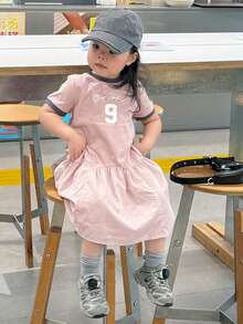 Dazy Kids 女婴休闲字母印花圆领短袖连衣裙，夏季 - 粉色 - 查看 2