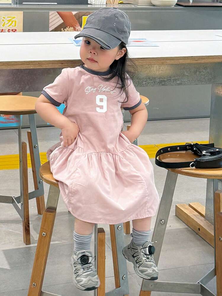 Baby Girls' Casual Letter Print Round Neck Short Sleeve Dress, Summer Toddler Girls Clothes