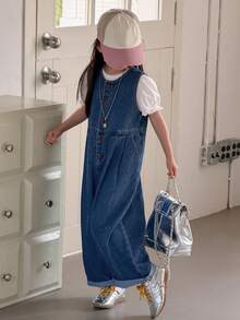 DAZY Young Girls Round Neck Washed Korean Style Casual Denim Bib Pants And Jumpsuit