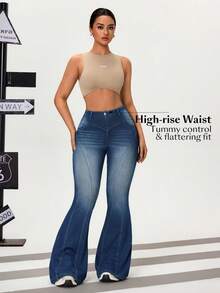 Flexra Women's Casual Washed High Waist Flare Jeans - Blue - View 5