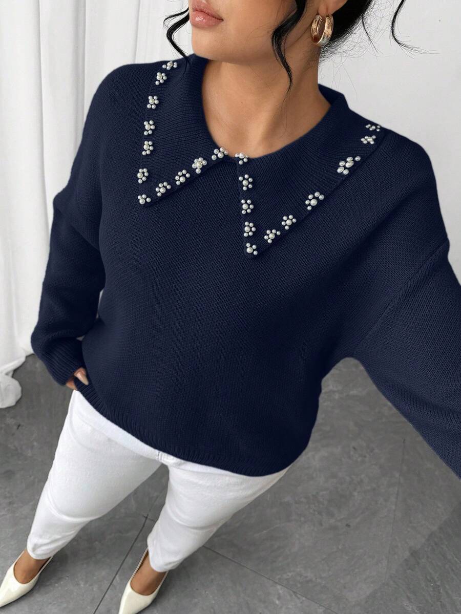 SHEIN Elenzya 女士珍珠领纯色简约套头毛衣 - 寶藍色 - 查看 1