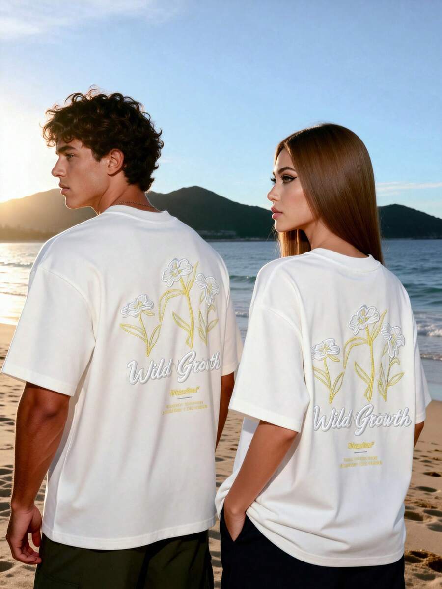 Manfinity Unisex Knitted Men's Fashionable Casual Floral Pattern Loose Fit Short Sleeve T-Shirt