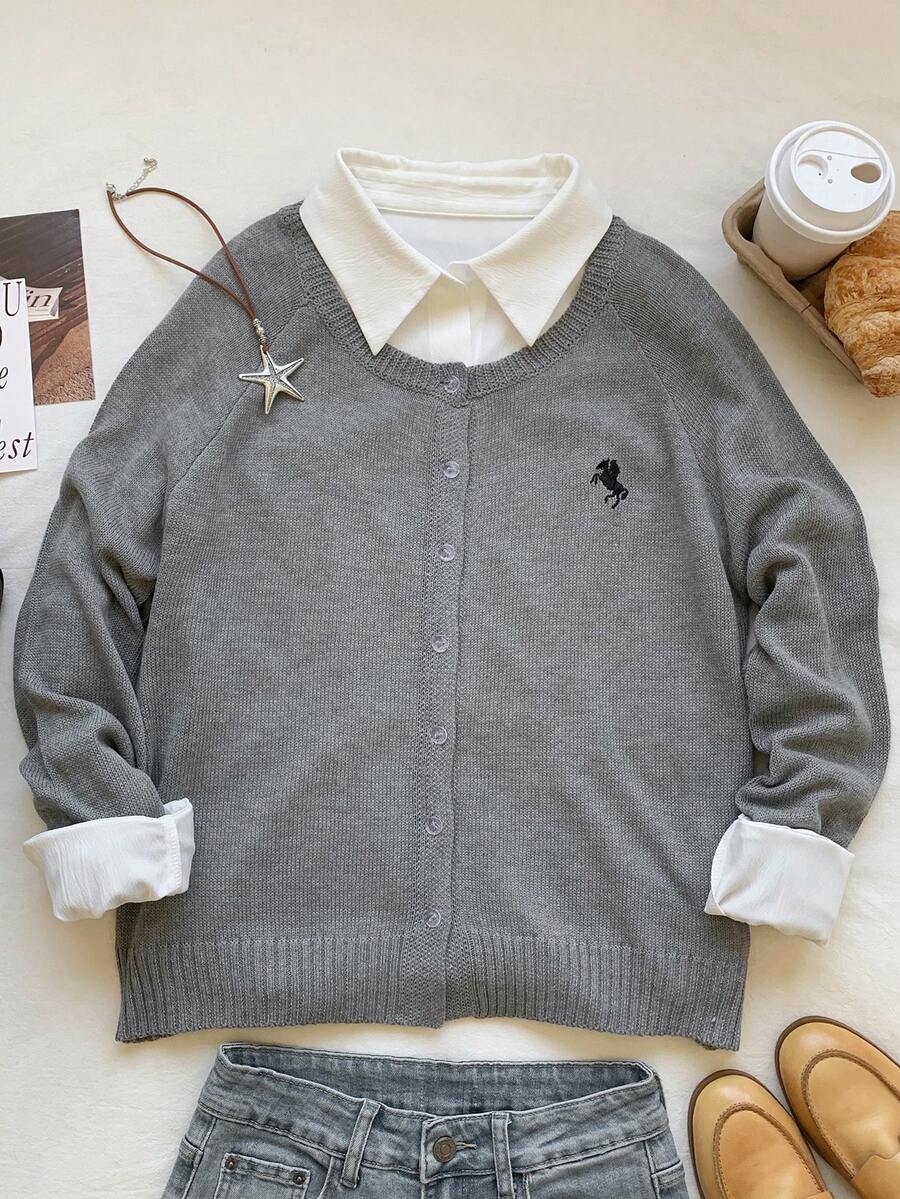 SHEIN EZwear Women's Embroidered Button Front Casual Long Sleeve Cardigan - Grey - View 1