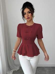 Elenzga Áo sơ mi nữ dáng chữ A hai lớp, cổ tròn, thắt eo, tay phồng, màu trơn, trang trí 3 nơ, thích hợp cho cả đi nghỉ mát và đi làm, màu hồng. - Màu Đỏ Sâu - Xem 5