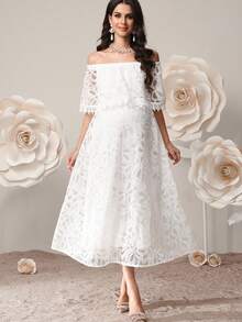 Vestido elegante de hombros descubiertos para mujeres embarazadas - Blanco - Ver 6