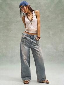 Bohemela Carnival Boho Vacation Valentine's Day Music Festival Casual Y2K Washed Loose Straight Leg Women Jeans, Spring/Summer - Blue - View 3