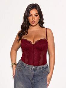 SHEIN BAE Quần áo cỡ lớn cho kỳ nghỉ hè trên bãi biển Quần áo ngày lễ Tiệc tùng, Hẹn hò Du lịch, Đi chơi, Quần áo lễ hội âm nhạc, Quần áo hòa nhạc, Quần áo lễ hội nhạc đồng quê, Áo corset ren vá dây mảnh màu đen cho nữ Áo liền quần gợi cảm năm mới, Trang phục năm mới cho phụ nữ, Áo corset cho nữ - Màu Đỏ Sâu - Xem 6