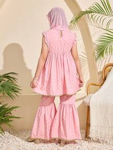 Tween Girl Cute Pink Metallic Print Doll Sweater, Long Pants & Flare Pants Shirt Set, Suitable For Festival & Middle Eastern/ Girls