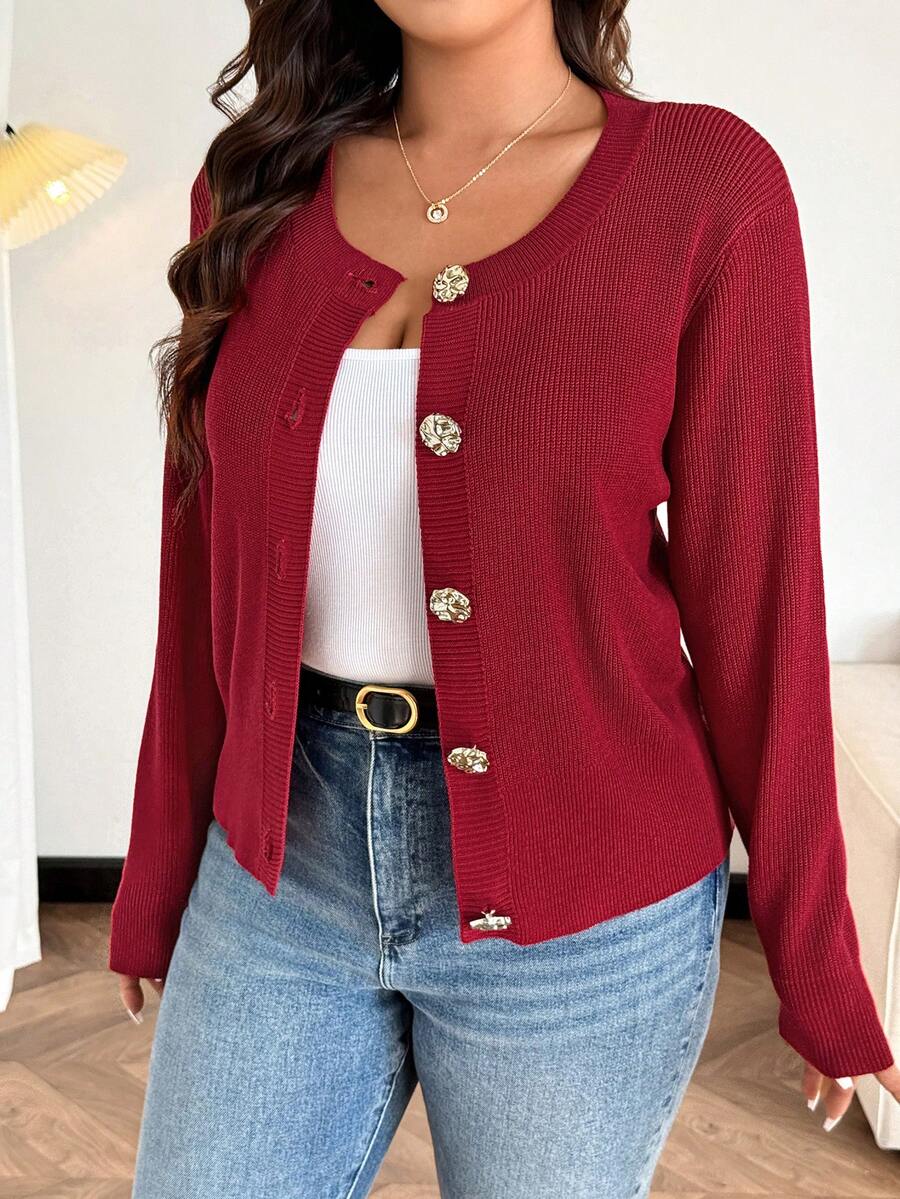 Calvaya Áo khoác cardigan cỡ lớn, kiểu dáng mới, đa năng, tối giản, màu trơn, cài cúc hình hoa hồng. - Màu Đỏ Sâu - Xem 1