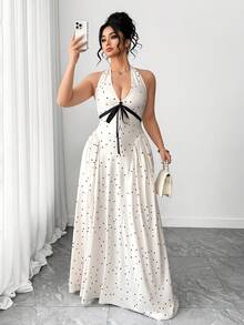 Elenzga 情人节加大码波点印花V领荷叶边拼接吊带长裙，优雅适合外出、度假、派对、约会、下午茶等场合 - 彩色 - 查看 7