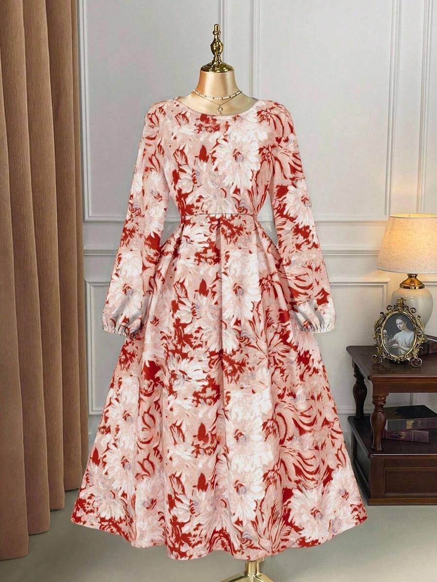 SHEIN Clasi 大码女式圆领长袖印花长裙，优雅休闲简约时尚，适合日常穿着、约会、派对等场合。 - 紅木色 - 查看 1