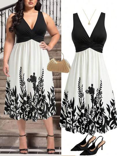 Rometta Plus Size Black V-Neck Waist Pleated Knit Dress